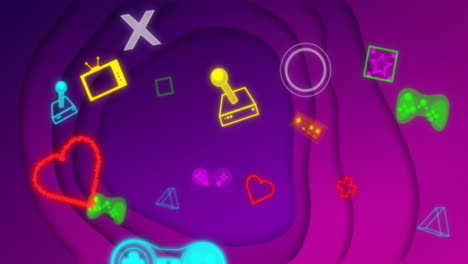 animation of gaming icons and purple shapes on blue background