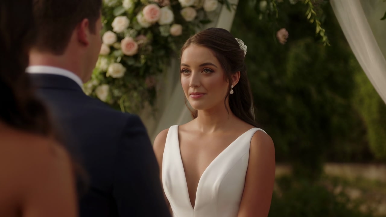 Caucasian Bride And Groom Exchanging Vows Under Floral Arch In Garden, Soft Golden Light, Bride Wearing