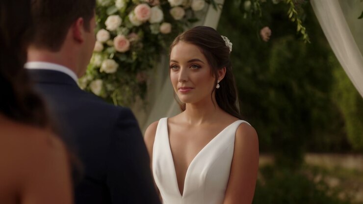 Caucasian Bride And Groom Exchanging Vows Under Floral Arch In Garden, Soft Golden Light, Bride Wearing