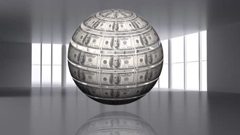 animation of globe of banknotes over empty office