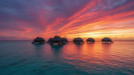 a breathtaking sunset over tranquil waters, casting vibrant hues across the sky and reflecting on calm waves, with charming overwater bungalows perfectly positioned in the foreground.