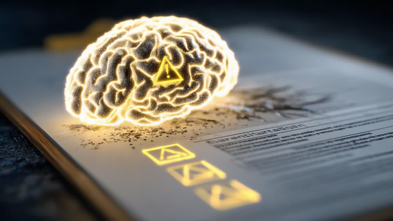A Digital Visualization of a Brain with Warning Symbols and Data Sheets, Representing the Intersection of Neural Technology and Information Processing