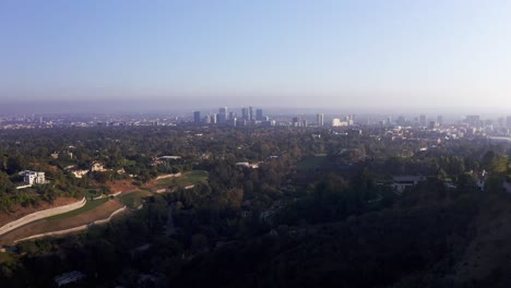 Wide-aerial-panning-shot-of-Century-City-and-Westwood-at-sunset