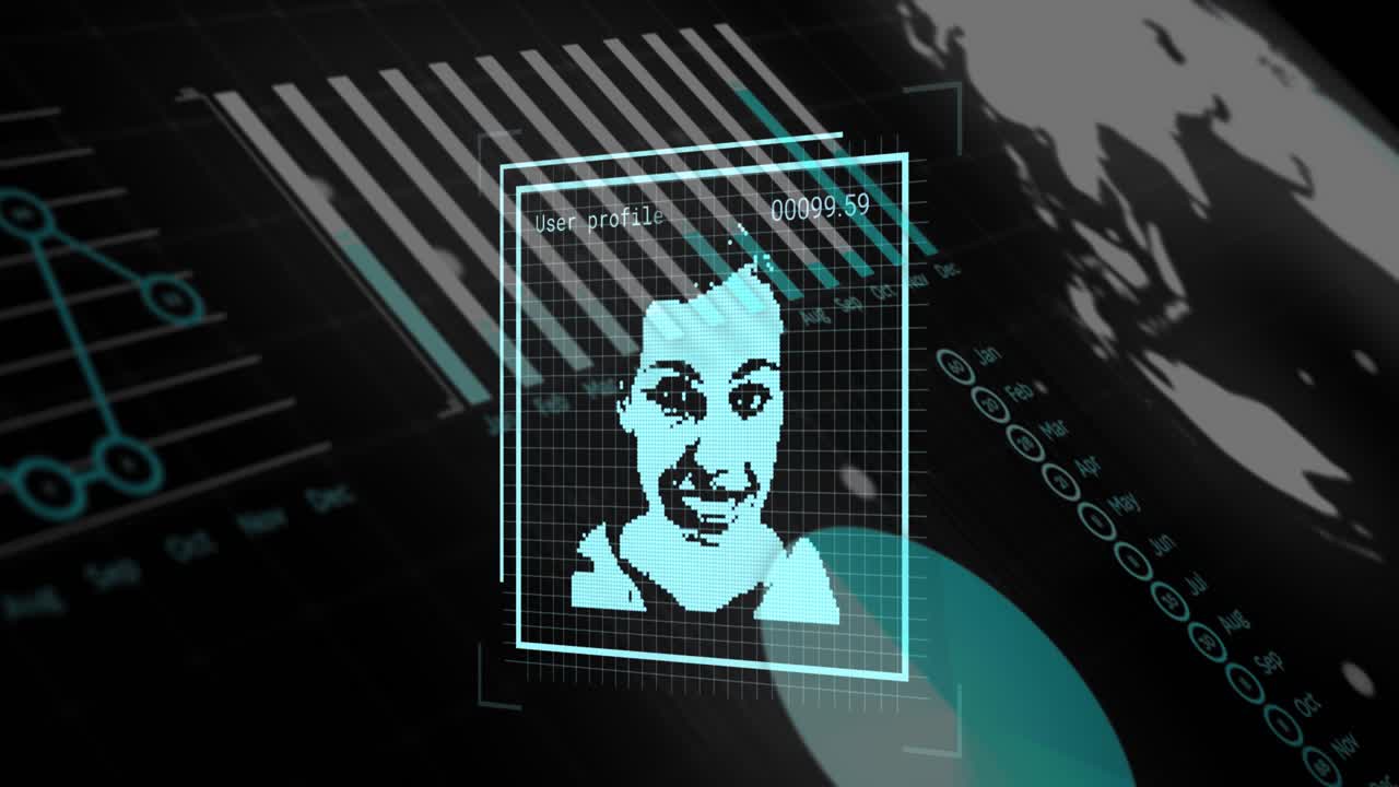 Animation of digital portraits of men and women over globe and data processing