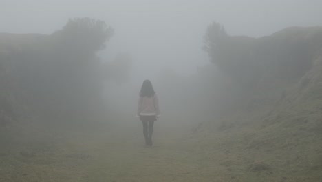 woman walking into laurel forest and disappears in the fog, madeira island