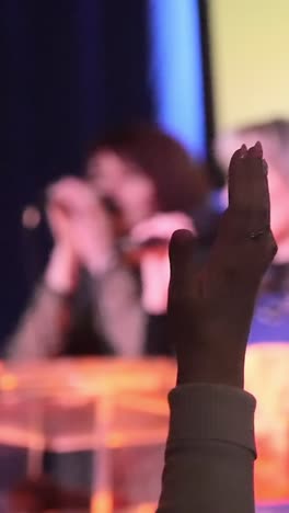 worship, hand raised at church in pray