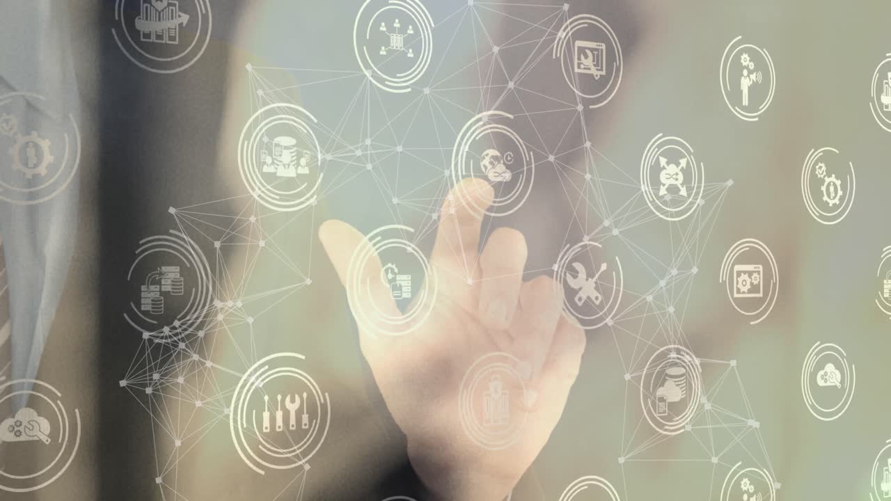 인간 터치 스크린을 통해 디지털 아이콘으로 연결 네트워크의 애니메이션