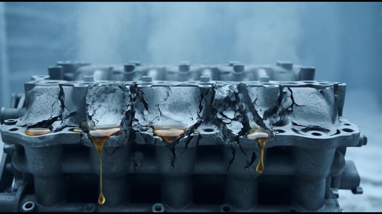 Engine Oil Leaking from Cracked Metal Engine Block