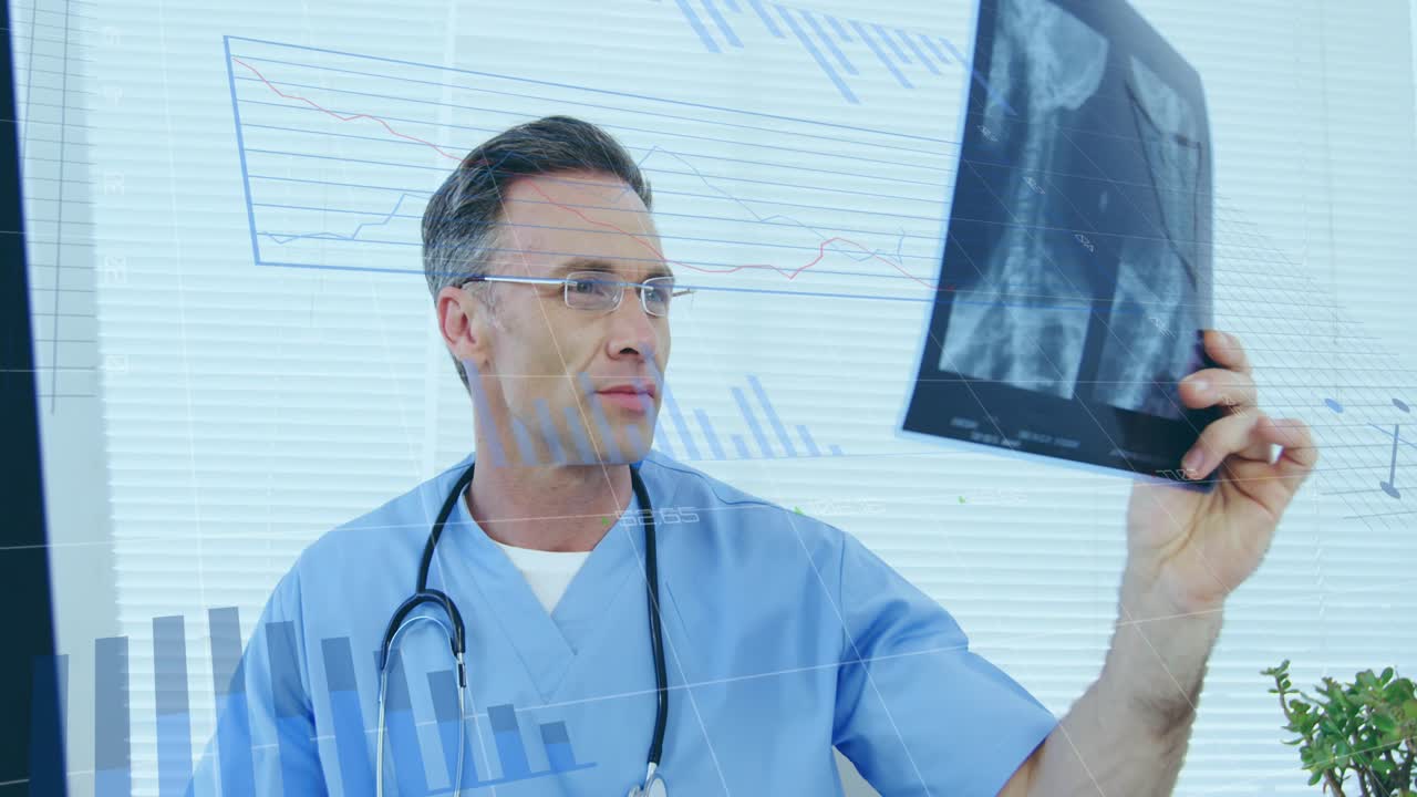 Animation of data processing over caucasian male doctor with xray