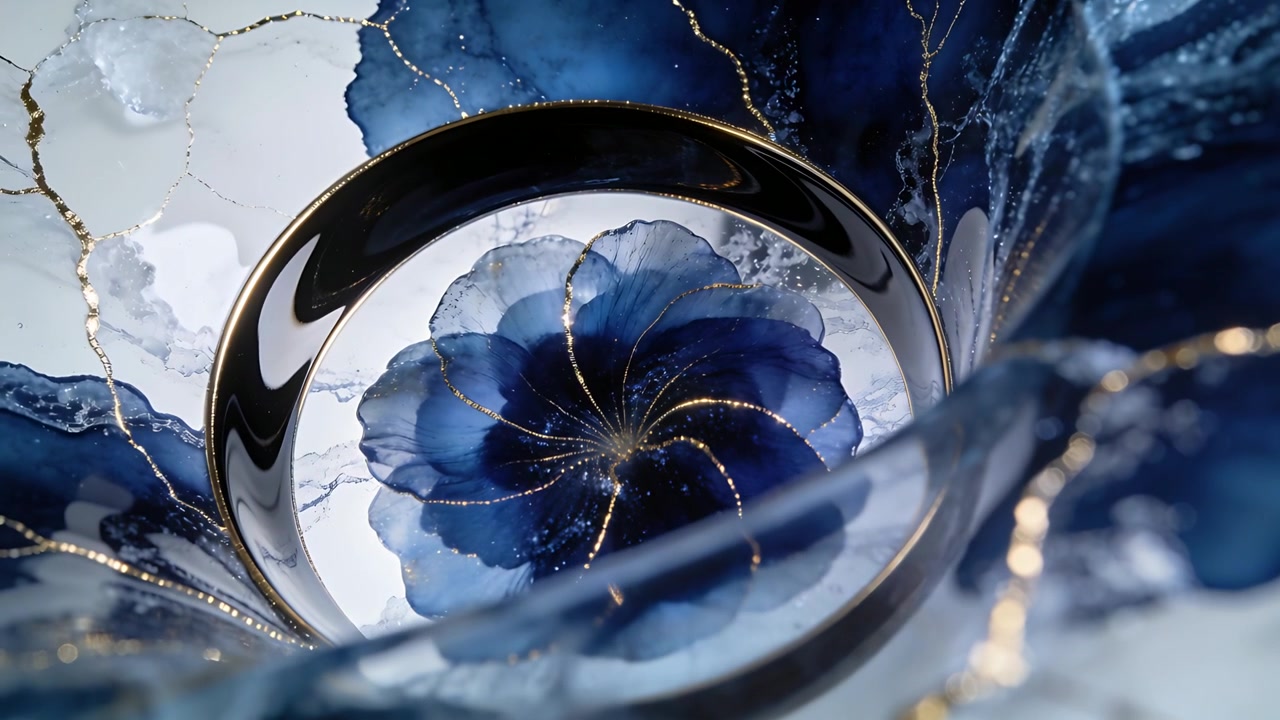 Foglio traslucido che si sposta, rivelando un anello di metallo riflettente su un tavolo, che mostra un motivo floreale blu intenso.