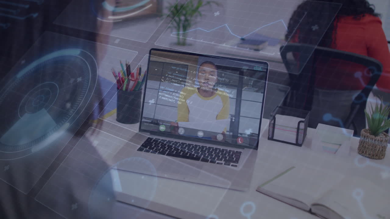 Animation of video call on laptop with digital data overlay in office
