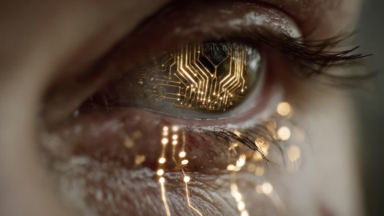 Un primo piano di un occhio umano con intricati motivi a circuito, che simboleggia la fusione di tecnologia e biologia in un contesto futuristico.