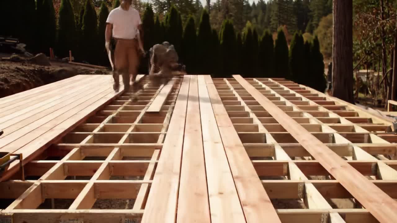A worker carefully measures and constructs a wooden deck in a serene forest setting as the sun sets, enhancing the beauty of the outdoor space amidst pine trees.