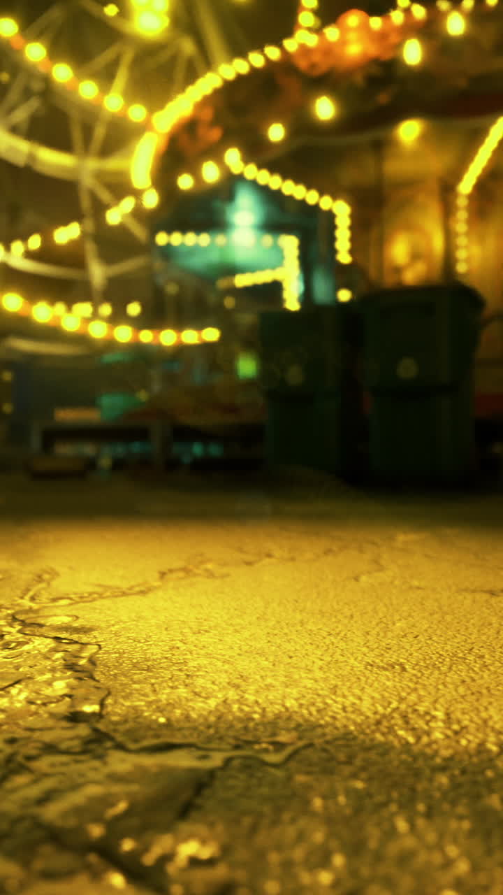 Bright lights illuminate empty fairground rides at night after rain