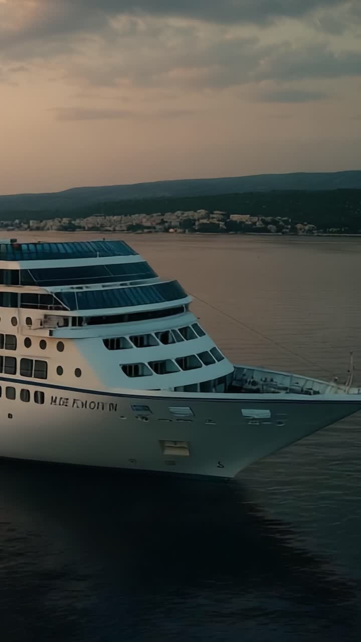 Elegante nave da crociera che solca maestosa acque calme al tramonto, mettendo in mostra la sua bellezza architettonica e l'atmosfera tranquilla su uno sfondo sereno