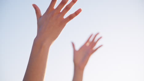 beach sunset, yoga class and hands of relax women