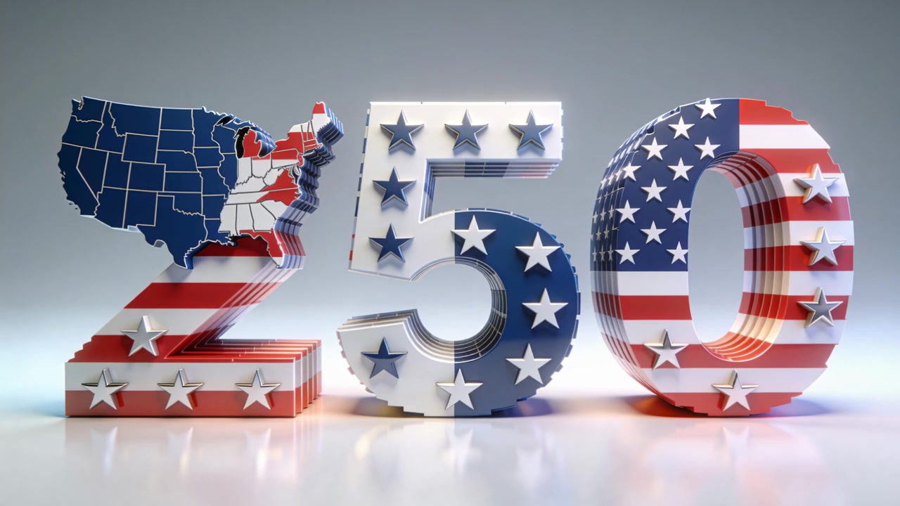 Illuminazione da studio che cambia rivela tre numeri 3D 250 con motivi della bandiera statunitense, mostrando patriottismo