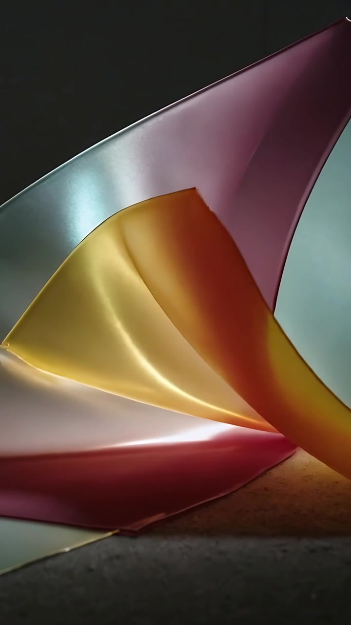 Vertical video: Lifting iridescent satin catching direct light, shifting gold pink teal in studio