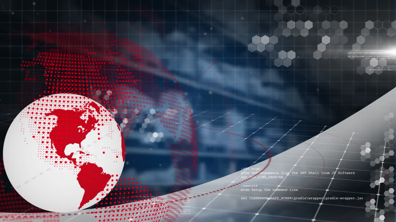 animación digital del globo giratorio y procesamiento de datos contra el punto de luz y el almacén