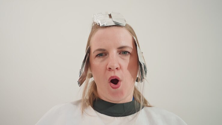 woman at salon with foils, seated in white cape making playful puckered expressions while stylist processes blonde highlights under neutral studio lighting, candid closeups capture reaction