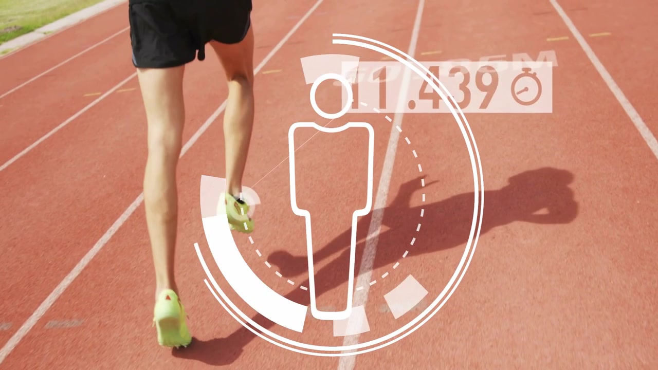 Male athlete running lane dribbling soccer ball as HUD timer starting, measuring sports progress