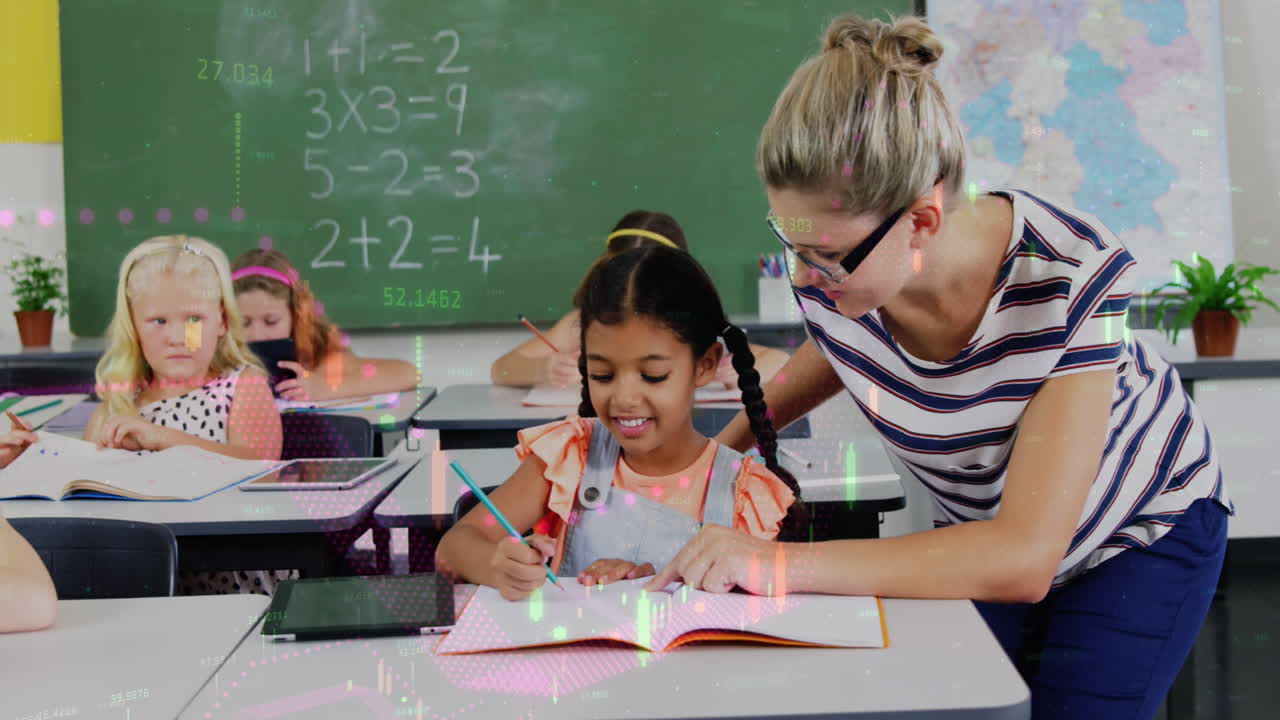 animación del procesamiento de datos sobre maestras caucásicas con escolares diversos