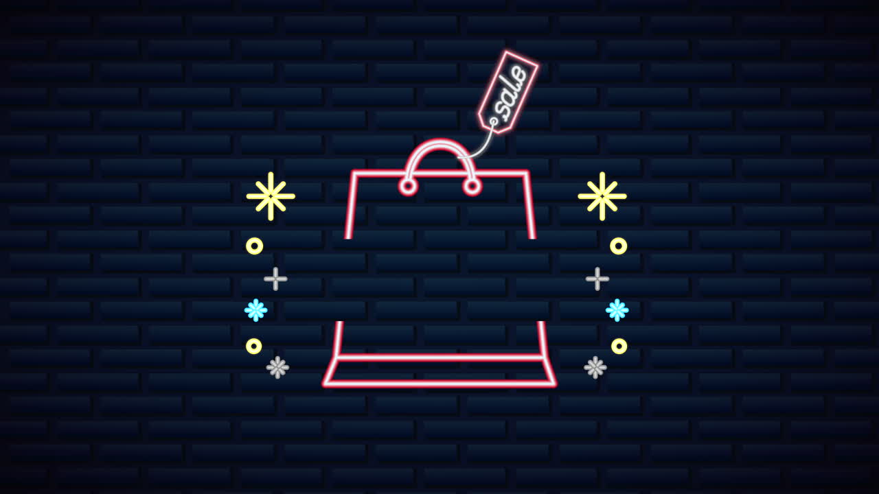 네온 빛 쇼핑 가방과 함께 벽