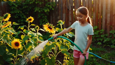 young girl watering sunflowers in a sunny garden