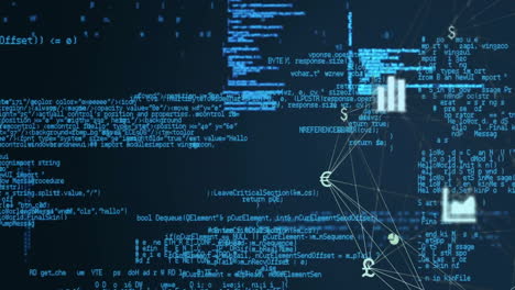 network of connections and data processing animation over computer code background