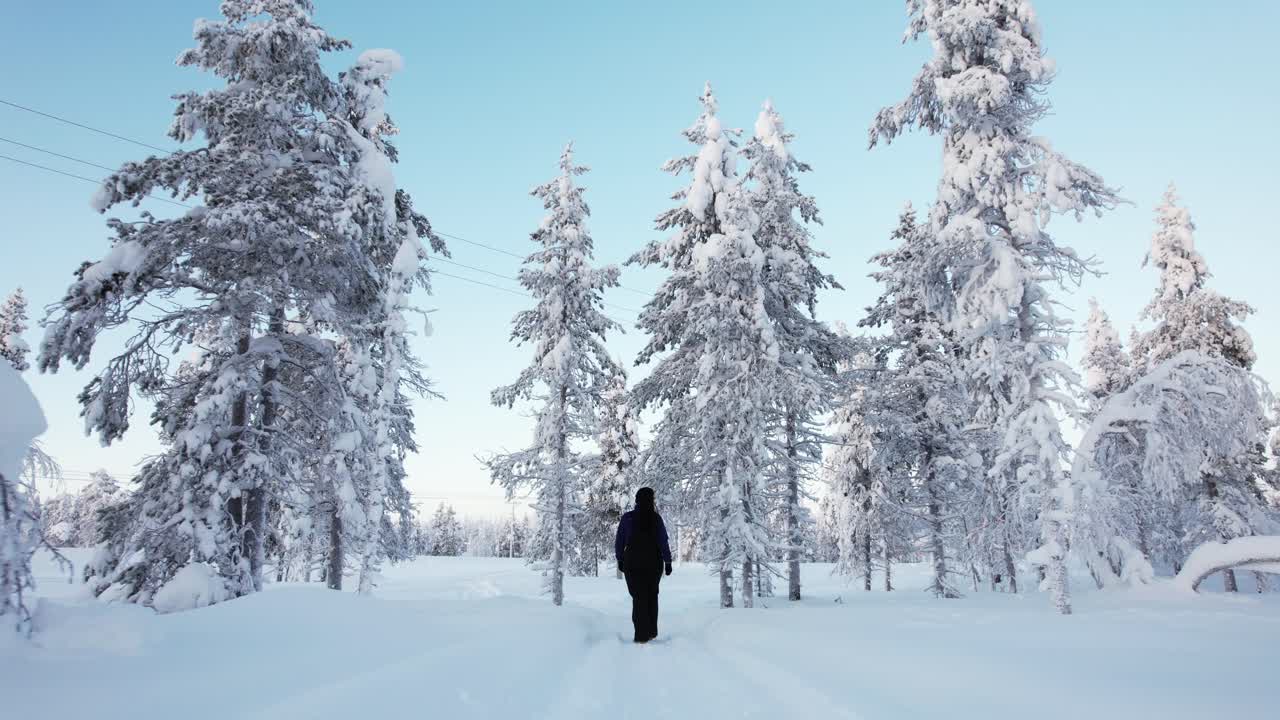 Pige går en tur på en sneklædt sti i Lapland, Finland, Arktisk Cirkel