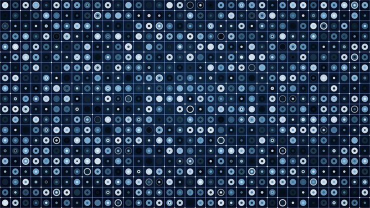 Abstract digital background of rhythmic blue grid and glowing circle particles, ideal for modern technological presentations