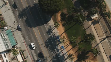 afternoon drone view from ocean ave public road and moving across a pedestrian park near santa monica beach, california