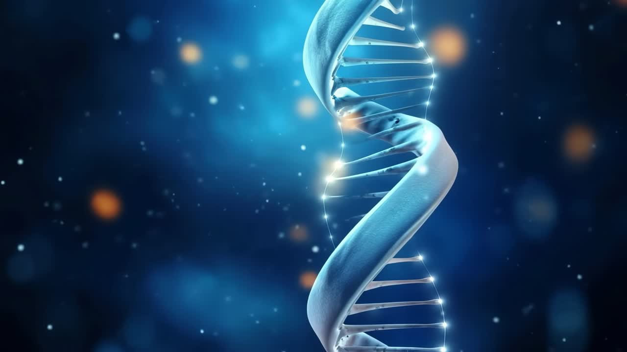 Primo piano dinamico di un filamento di DNA incandescente su uno sfondo stellato, che cattura un concetto futuristico