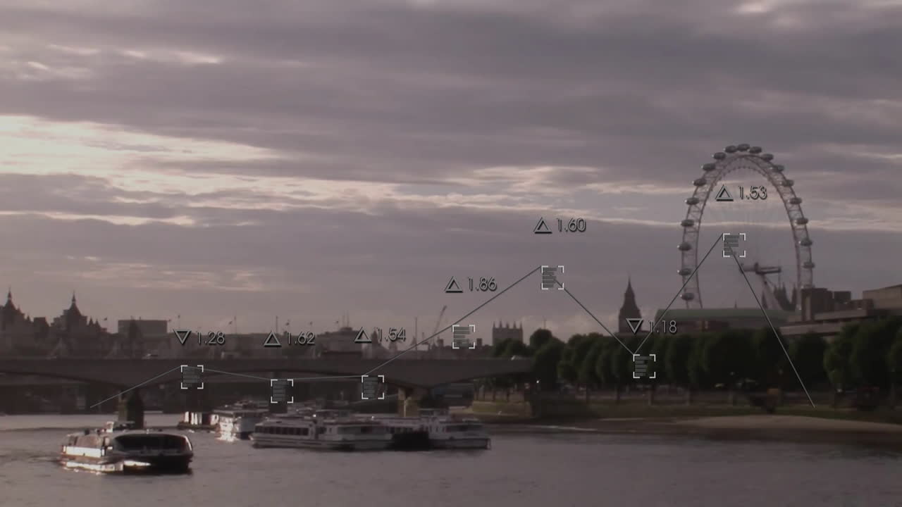 Boats on river with data processing animation over London skyline