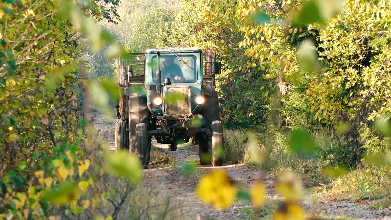 오래된 트랙터가 숲속 자갈길을 운전하고 있다