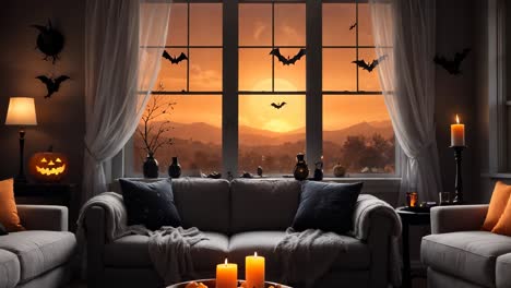 spooky halloween living room with sunset view