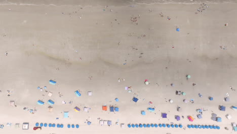 top-down aerial view of beachgoers and umbrellas arranged in colorful rows along a sandy hilton head shoreline