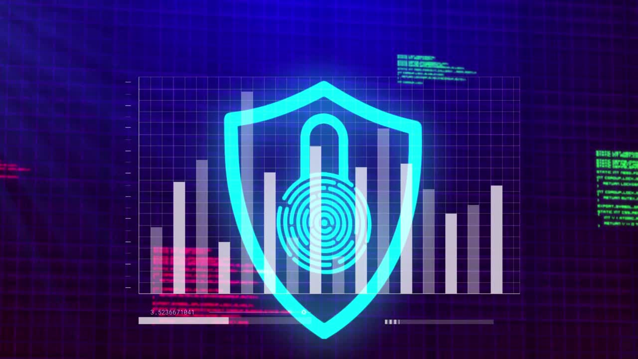 Animation of padlock and financial data processing over blue background