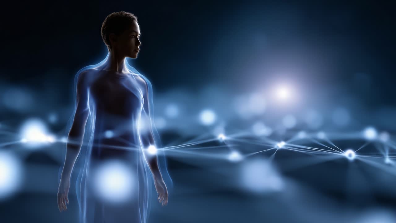 A captivating representation of a silhouette enhanced by glowing connections, symbolizing the interplay between humanity and the digital realm, exploring modern existence