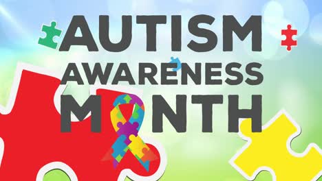 animation of autism awareness month text with puzzles forming ribbon on blue background