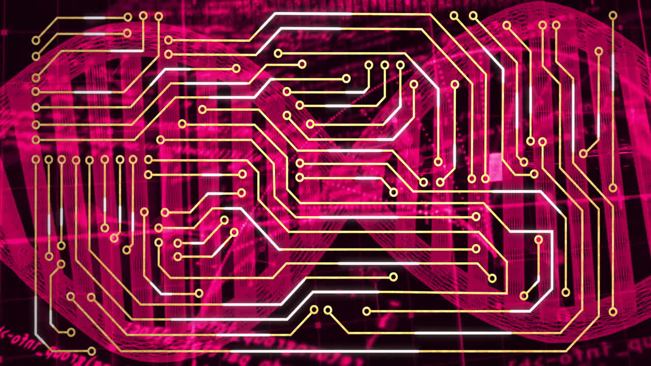 Animation of circuit board overlaying digital globe with binary code in vibrant pink
