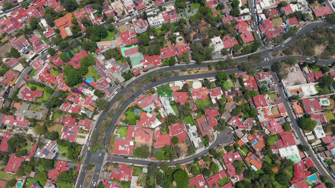 Overhead drone shot of exclusive El Pedregal neighborhood in Mexico City