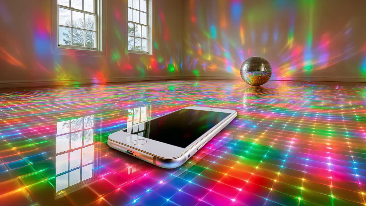 A Vibrant Disco Scene Featuring a Colorful Light Display on the Floor of a Room Enhanced by a Shiny Disco Ball and a Smartphone, Creating a Lively Atmosphere Perfect for a Dance Party