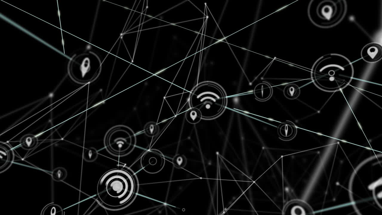 animación de la red de conexiones con iconos en fondo negro