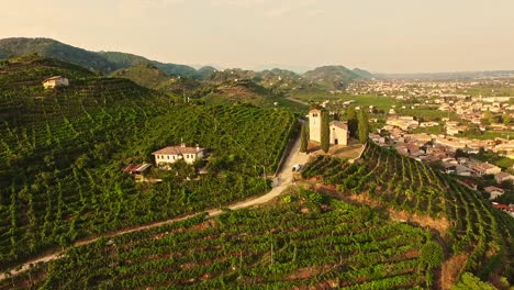vista aérea de las colinas de prosecco en valdobbiadene, región vinícola italiana con drones