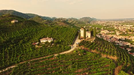 aerial view of the prosecco hills in valdobbiadene, italian wine region with drone