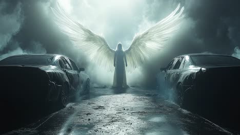 angel between crashed cars