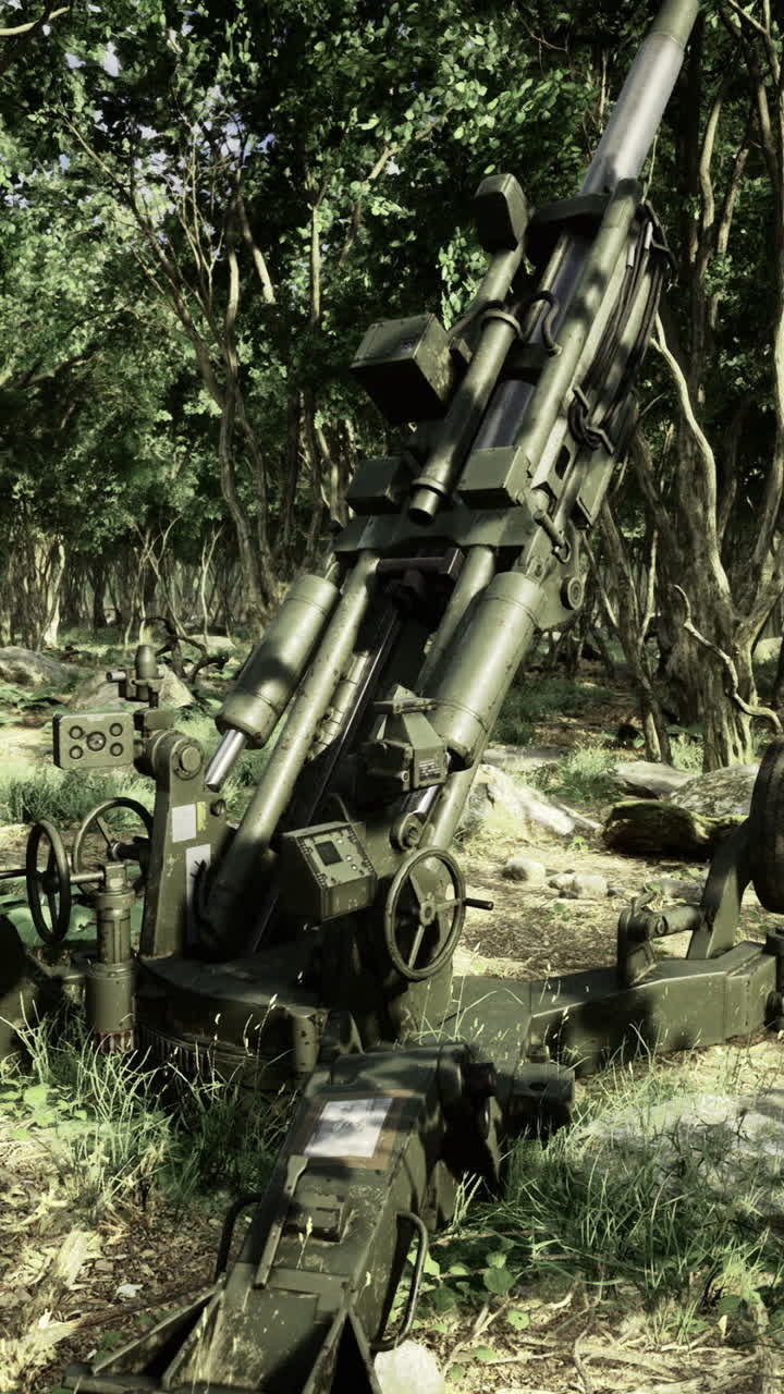 Artiglieria militare a riposo in un sereno ambiente boschivo di giorno