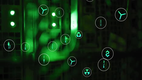 animation of eco icons and data processing over computer servers