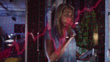 animación del procesamiento de datos financieros sobre una mujer de negocios caucásica